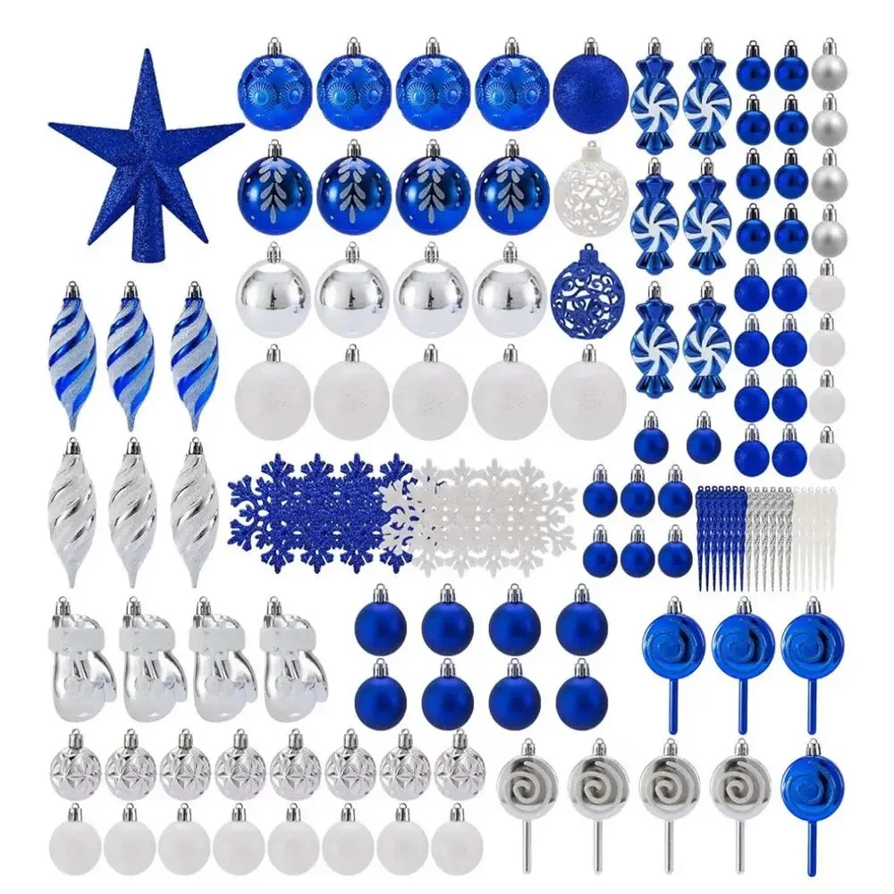 Blue White Silver Shatterproof Christmas Ornaments 130 Pc Set & Star
